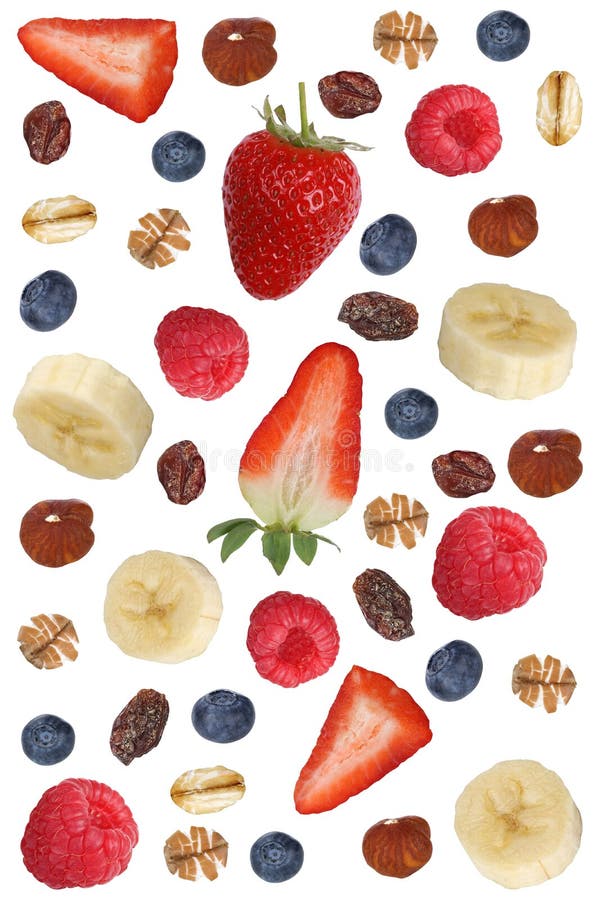 Fruit muesli ingredients for breakfast with fruits like banana a