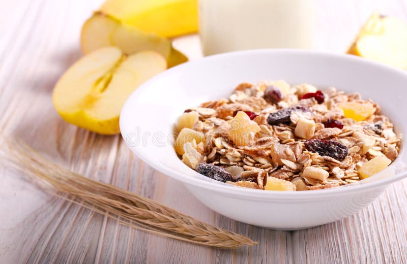 Fruit muesli with yogurt stock photo. Image of flakes 113937510