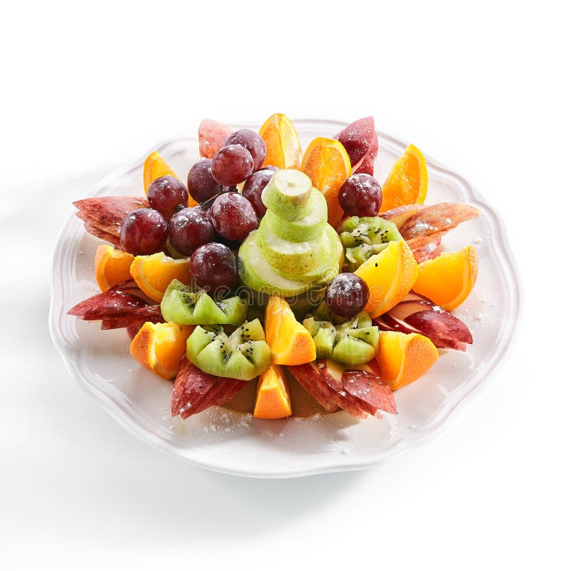Fruit Plate with Orange Wedges, Apple, Grapes, Kiwi and Pear Stock