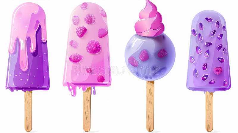 Fruit popsicle in various states of eating with pink and purple ice cream. Frozen juice on wooden stick in different stages of eating from a wooden stick. Modern realistic set of summer cold dessert. AI generated