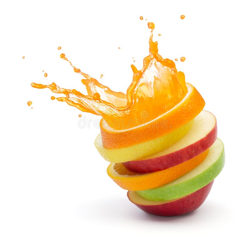 Vari tipi di frutta, fette accatastati con splash, punch di frutta concetto.