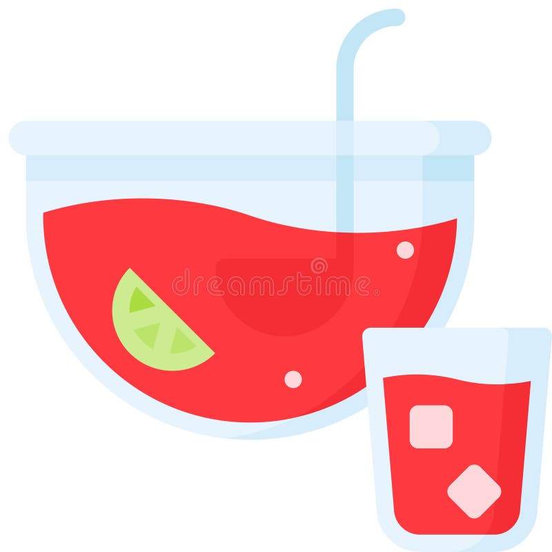 Fruit Punch in Large Glass Bowl with Soup Ladle. Linear Icon of