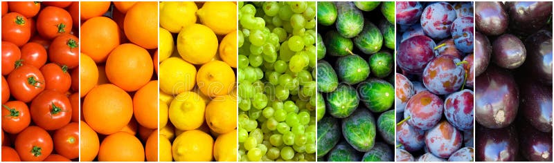 Arcobaleno fatto di colorata frutta e verdura di provenienza.