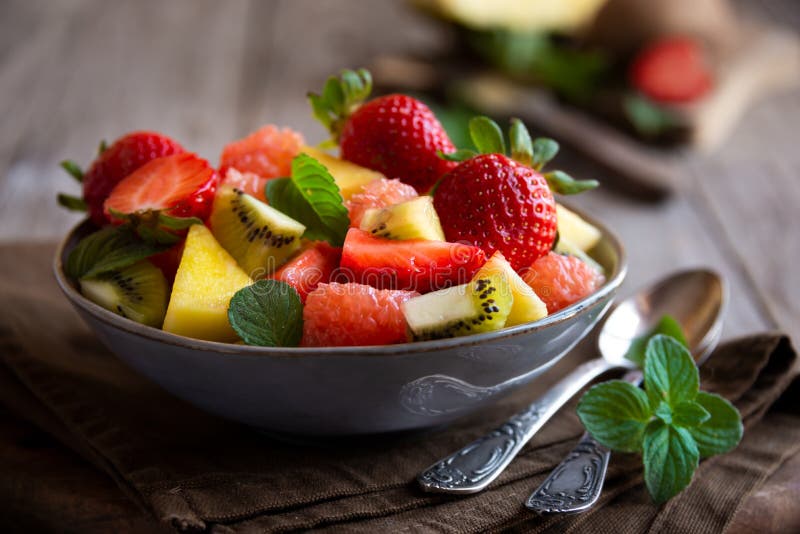 Fruit Salad with Cut Fresh Fruit and Mint Stock Photo Image of