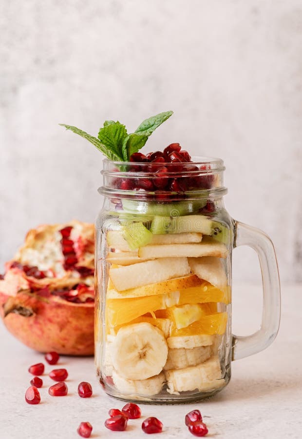 Fruit Salad in a Mason Jar on Rustic Concrete Background Front View Stock Image Image of