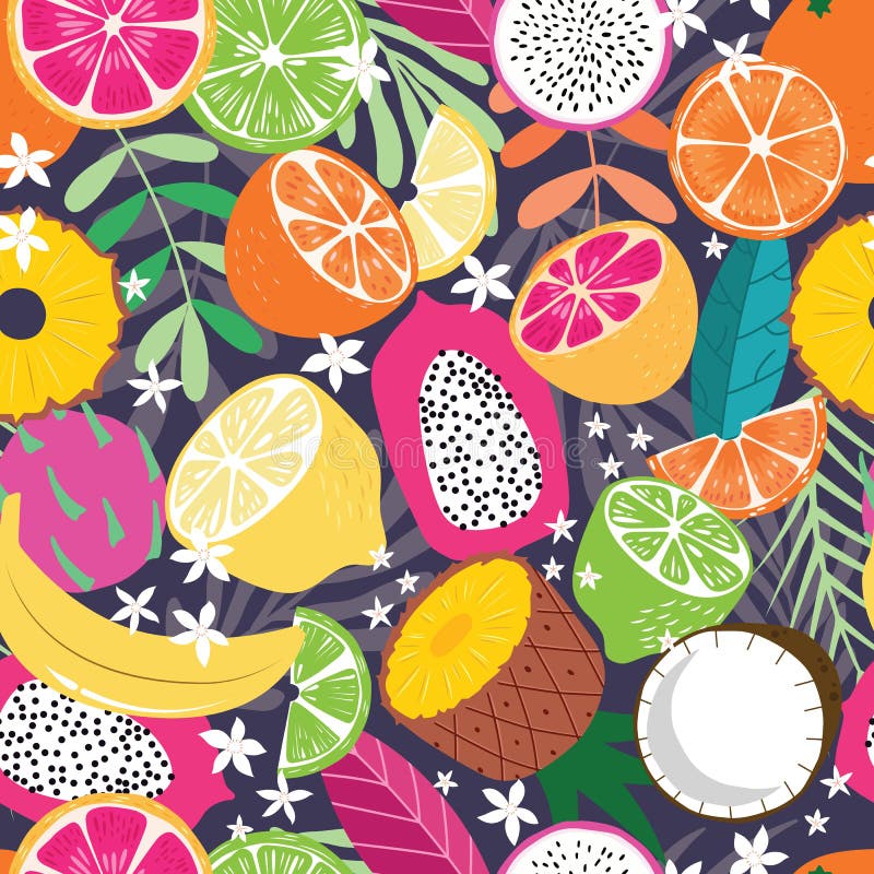 Fruit seamless pattern, collection of exotic tropical fruits with plants and flowers on dark purple background. Summer vibrant