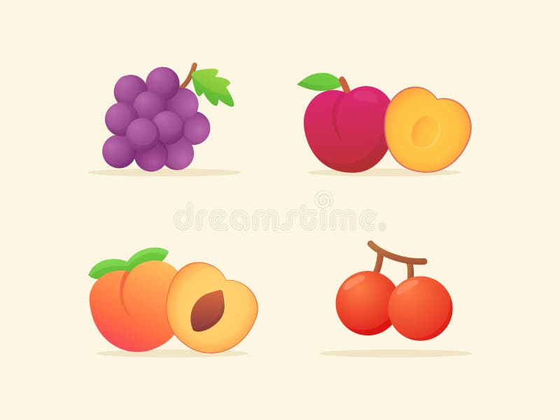 Fruit set collection grape plum peach cherry slice whole fresh juicy vitamin nutrition fiber white isolated background