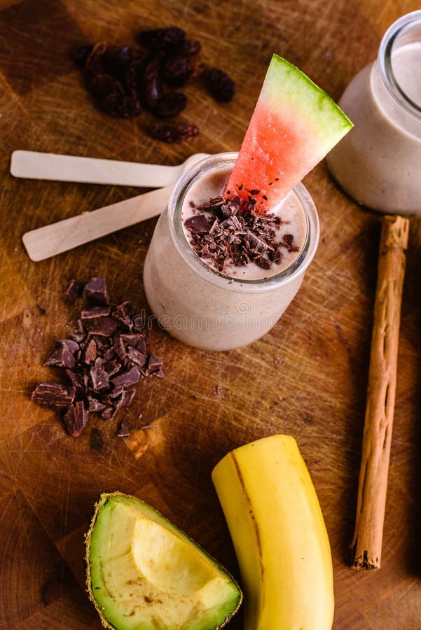 Fruit Smoothie with Chocolate Chips, Cinnamon, Watermelon and Fruits Stock Photo Image of