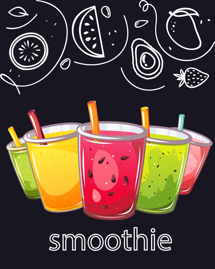 Fruit smoothies. Background with summer, refreshing drinks. vector illustration