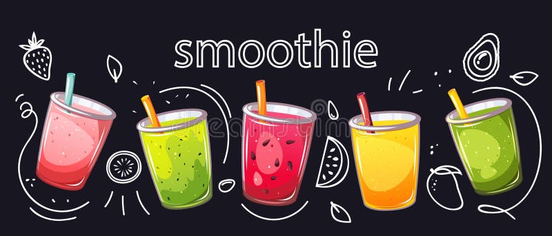 Fruit smoothies. Background with summer, refreshing drinks. stock illustration