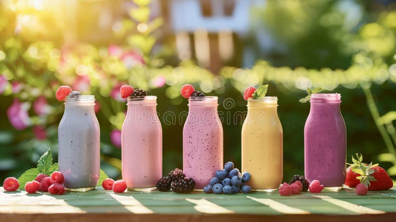 Fruit smoothies in glass jars on a wooden table royalty free illustration