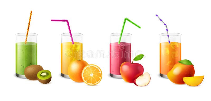 Fruit smoothies. Realistic glasses with juices and beverages, tropical fresh healthy drinks, diet and detox nutrition stock illustration