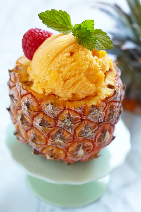 Fruit Sorbet Ice Cream in Small Pineapple Stock Image Image of white
