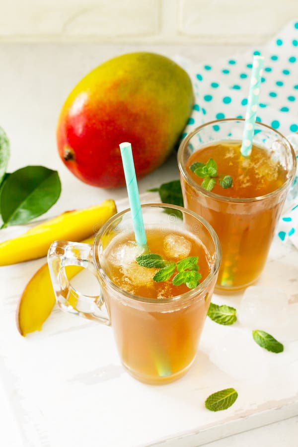 Fruit Tea Cups. Iced Tea Mango with Mint Stock Photo Image of food