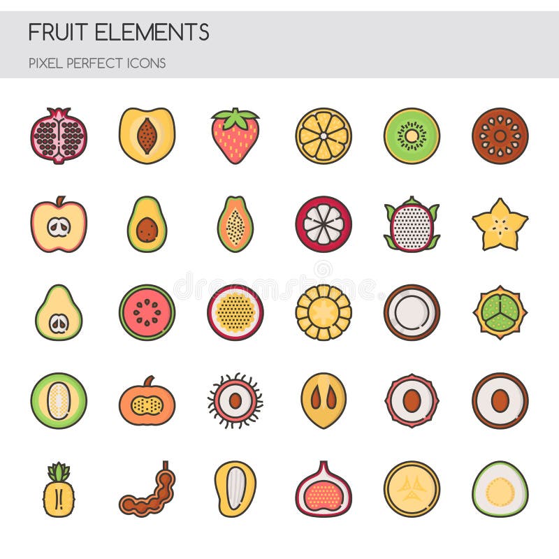 Pixel exotic fruits. Cartoon stylized fruit icons for 2D game, 8