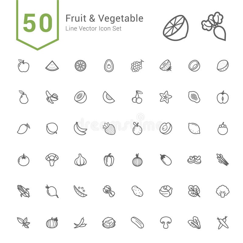 Fruit and Vegetable Icon Set. 50 Line Vector Icons.