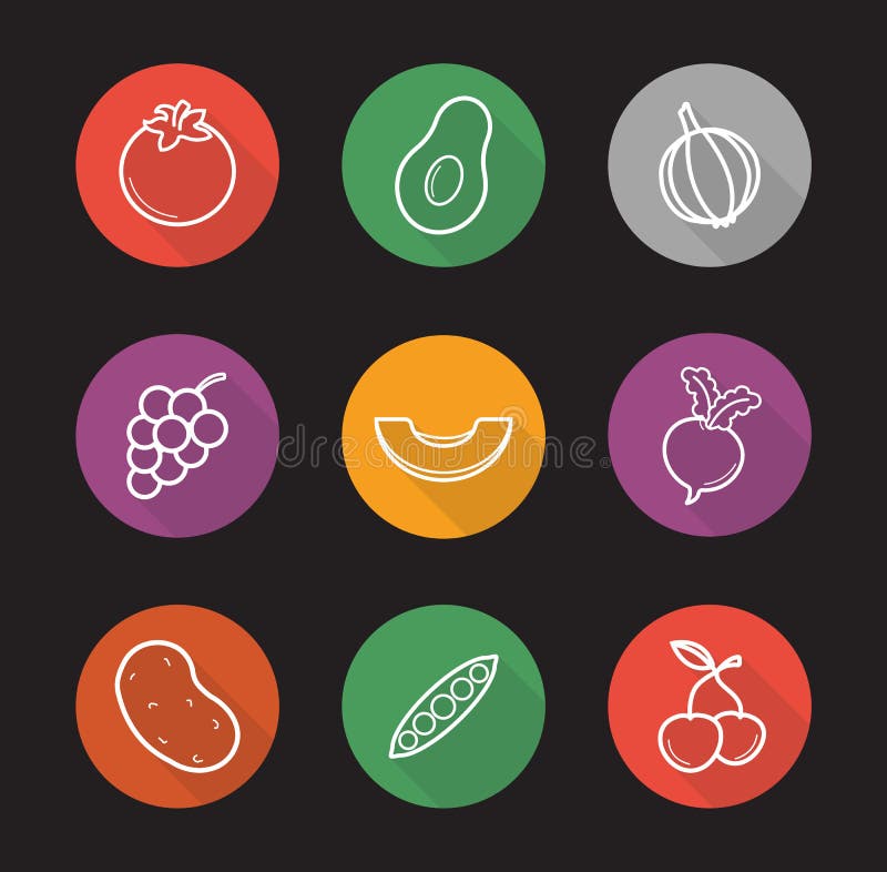 Fruit and vegetables flat linear long shadow icons set