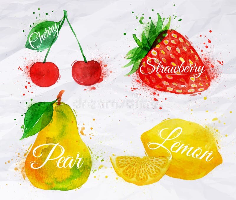 Fruit watercolor cherry, lemon, strawberry, pear royalty free illustration Fruit watercolor cherry, lemon, strawberry, pear royalty free illustration
