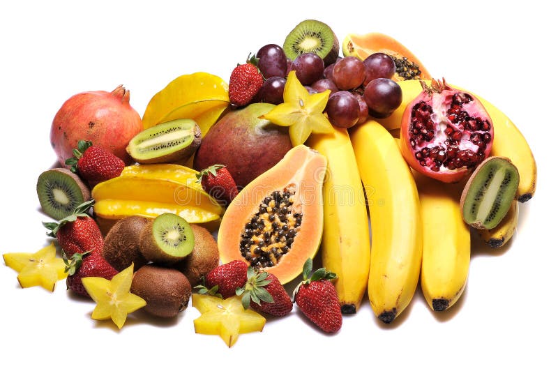 Variety of fresh colorful fruits on white background