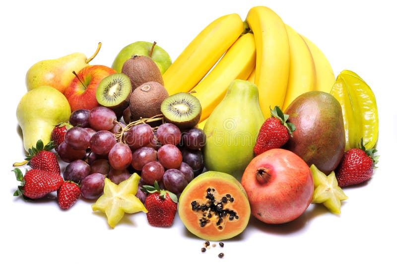 Variety of fresh colorful fruits on white background