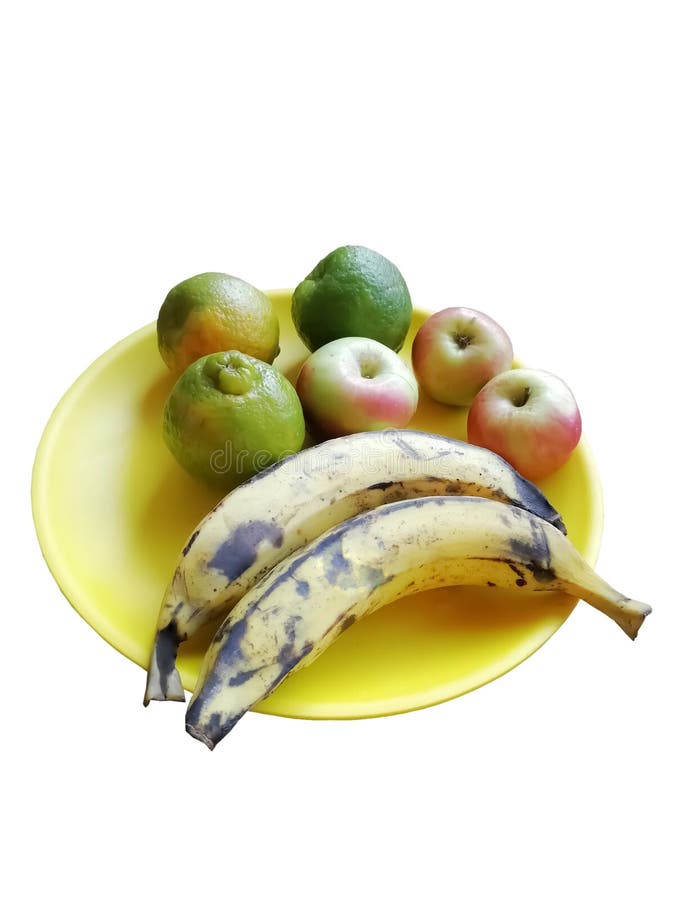 Fruits Bananas Apples And Oranges In An Yellow Bowl Stock Photo Image