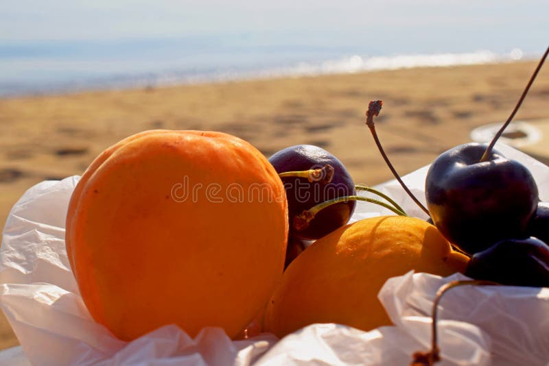 Fruits on the beach for good morning royalty free stock photos Fruits on the beach for good morning royalty free stock photos