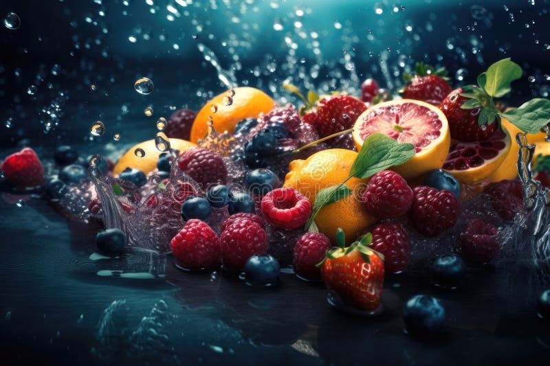 Fruits and Berries in Sparkling Water. AI Generated Stock Illustration