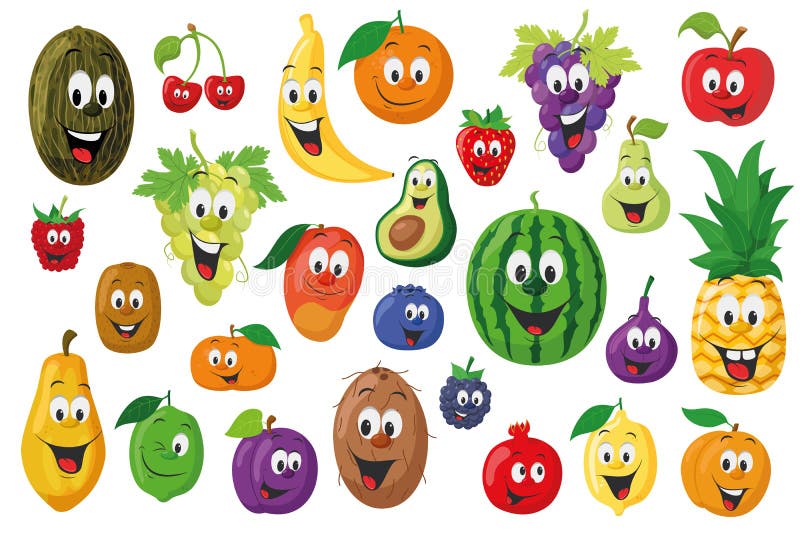 Fruits Characters Collection: Set of 26 different fruits in cartoon style royalty free illustration