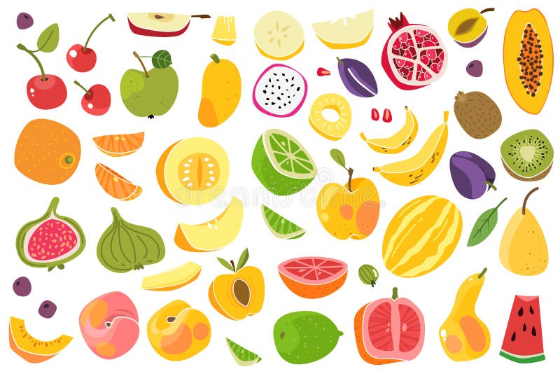 Fruits d'isolement Fruit coloré de pêche de cerise de prune de banane de chaux orange de melon Ensemble naturel de vecteur de ban illustration stock Fruits d'isolement Fruit coloré de pêche de cerise de prune de banane de chaux orange de melon Ensemble naturel de vecteur de ban illustration stock