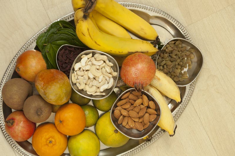 Top view of Fruits and dry fruits from thread ceremony function, India