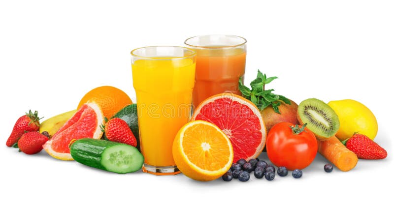 Fruits et jus savoureux avec des vitamines dessus images libres de droits Fruits et jus savoureux avec des vitamines dessus images libres de droits