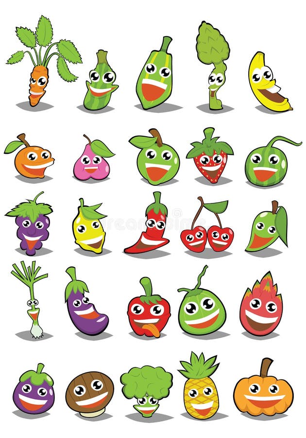 Fruits et légumes de bande dessinée avec différentes émotions illustration stock Fruits et légumes de bande dessinée avec différentes émotions illustration stock