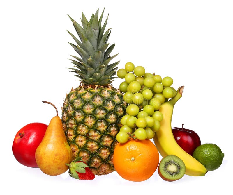 Fruits isolated on white. Assorted tropical fresh fruits