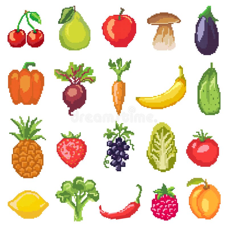 Fruits pixel vegetables vector healthy nutrition of fruity apple banana and vegetably carrot for vegetarians eating