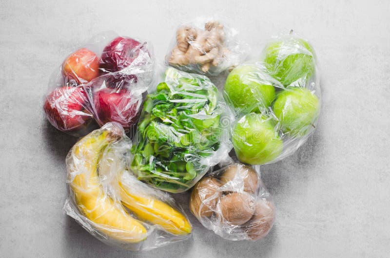 Fruits in Plastic Bags, Shopping with SingleUse Plastic Bags