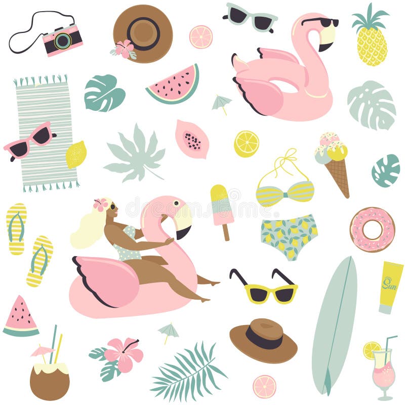 Fruits sans couture de modèle d'été mignon, boissons, crème glacée, lunettes de soleil, palmettes et piscine gonflable de flamant illustration libre de droits Fruits sans couture de modèle d'été mignon, boissons, crème glacée, lunettes de soleil, palmettes et piscine gonflable de flamant illustration libre de droits