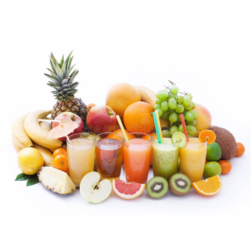 Fruits smoothies, summer cool drinks top view macro stock photo
