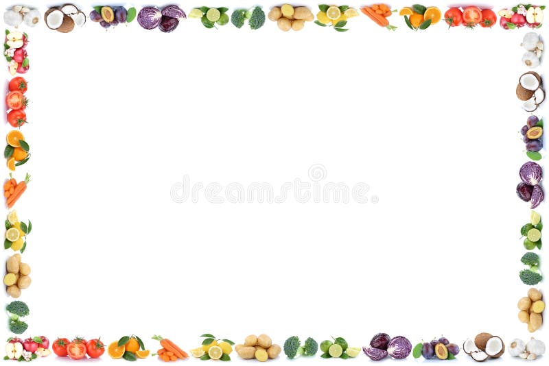 Fruits and vegetables apples oranges vegetable food frame copyspace copy space on a white background
