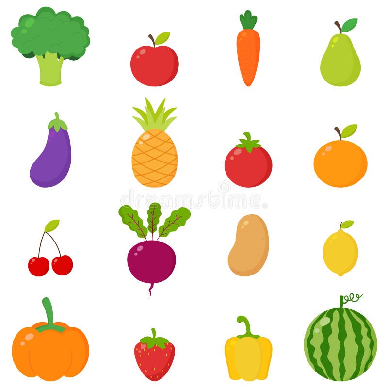 Fruits and Vegetables Collection. Vector Isolates in Cartoon Flat Style ...