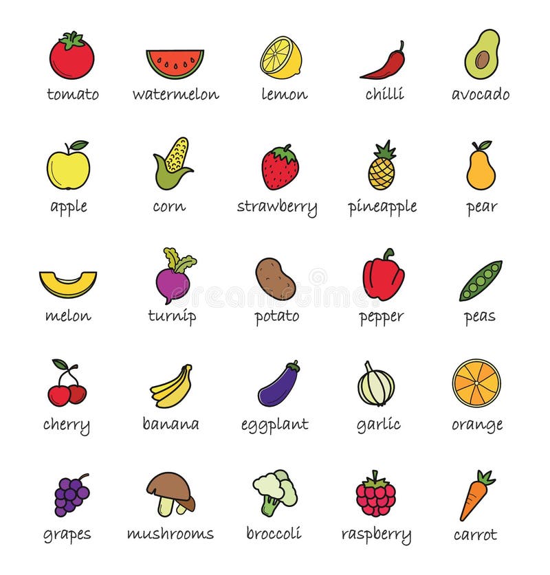 Colorful Fruit and Vegetables with Names Stock Vector - Illustration of food, names: 112036586 Colorful Fruit and Vegetables with Names Stock Vector - Illustration of food, names: 112036586