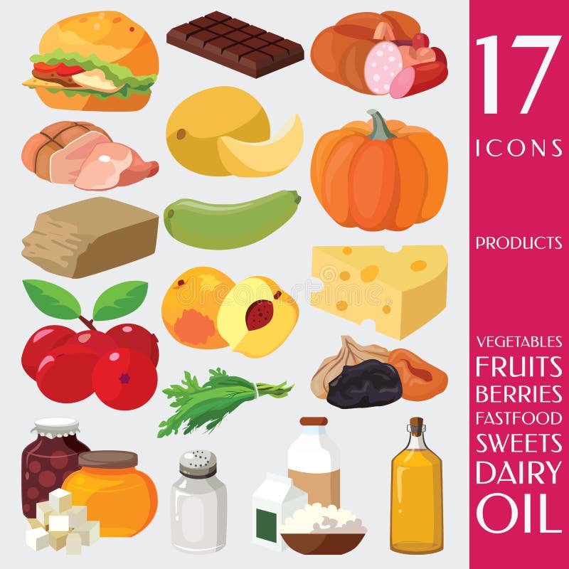Fruits, vegetables, fats, meat, cereals, dairy products vector illustration Fruits, vegetables, fats, meat, cereals, dairy products vector illustration