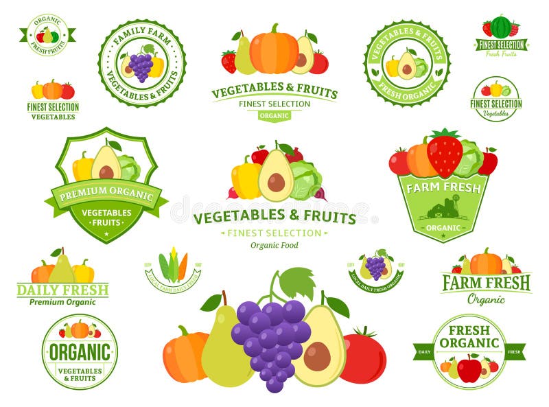 Fruits and Vegetables Logos, Labels, Fruits and Vegetables Icons Stock ...