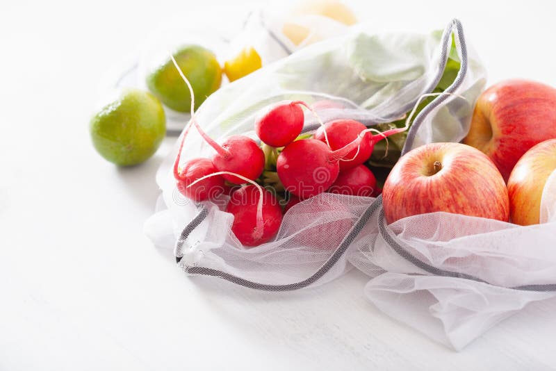 Fruits and Vegetables in Reusable Mesh Nylon Bag, Plastic Free Zero