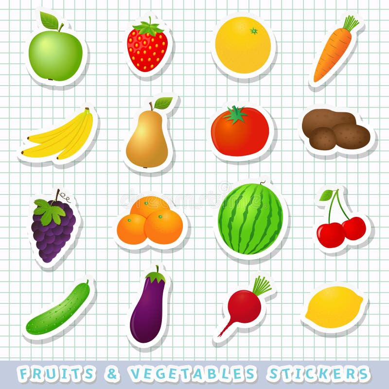 Fruits and Vegetables Stickers Set Stock Vector Illustration of lemon