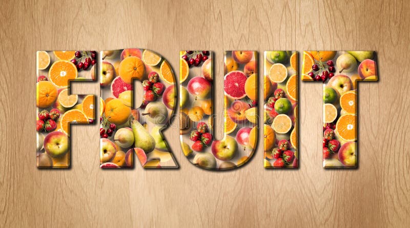 Fruitwoord met diverse vruchten op een keuken scherpe raad die wordt behandeld royalty-vrije stock afbeelding Fruitwoord met diverse vruchten op een keuken scherpe raad die wordt behandeld royalty-vrije stock afbeelding
