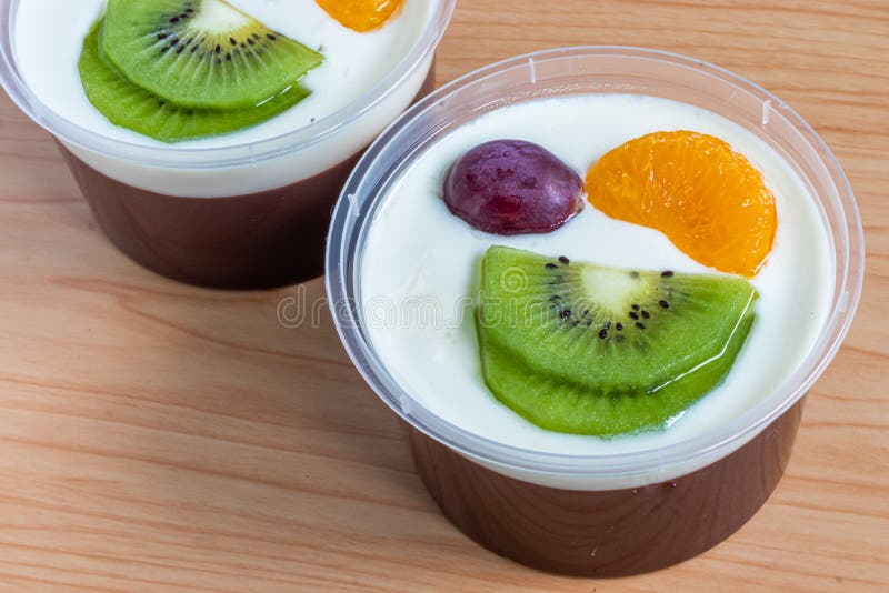 Fruity Milk Pudding, Sweet Chocolate Silk Pudding Dessert with Fruit