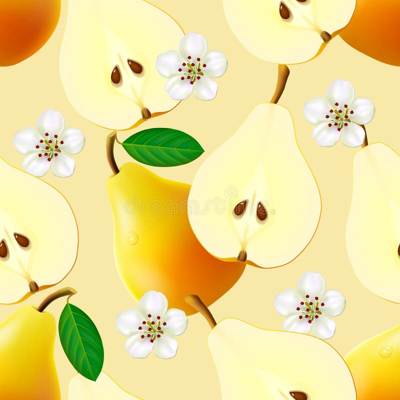 Fruity seamless pattern with pears. Yellow pears with leaves, halves and flowers on beige background. Vector illustration royalty free illustration Fruity seamless pattern with pears. Yellow pears with leaves, halves and flowers on beige background. Vector illustration royalty free illustration
