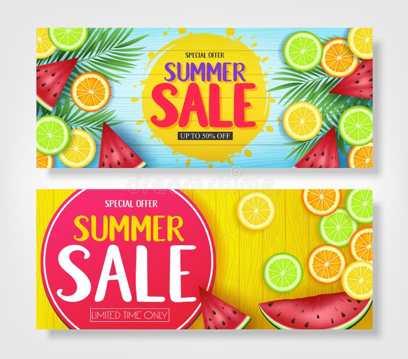 Fruity ζωηρόχρωμα εμβλήματα θερινής πώλησης με τα τροπικά φρούτα καρπουζιών, πορτοκαλιών, ασβέστη και λεμονιών διανυσματική απεικόνιση