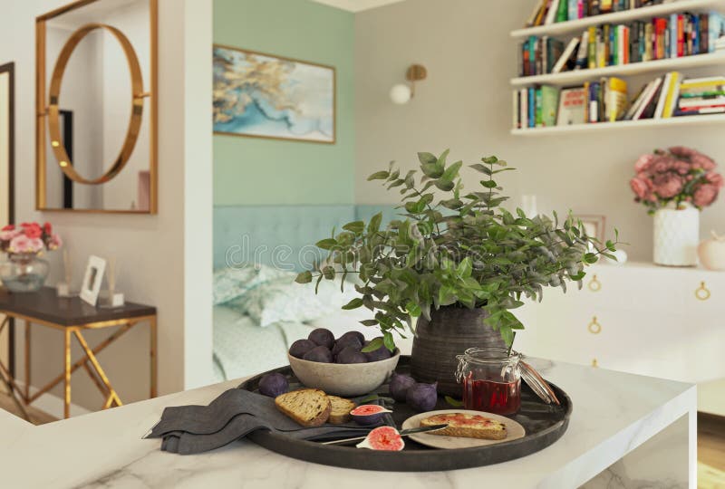 Frukosten med bröd, fikonträd och driftstopp, 3d framför vektor illustrationer Frukosten med bröd, fikonträd och driftstopp, 3d framför vektor illustrationer