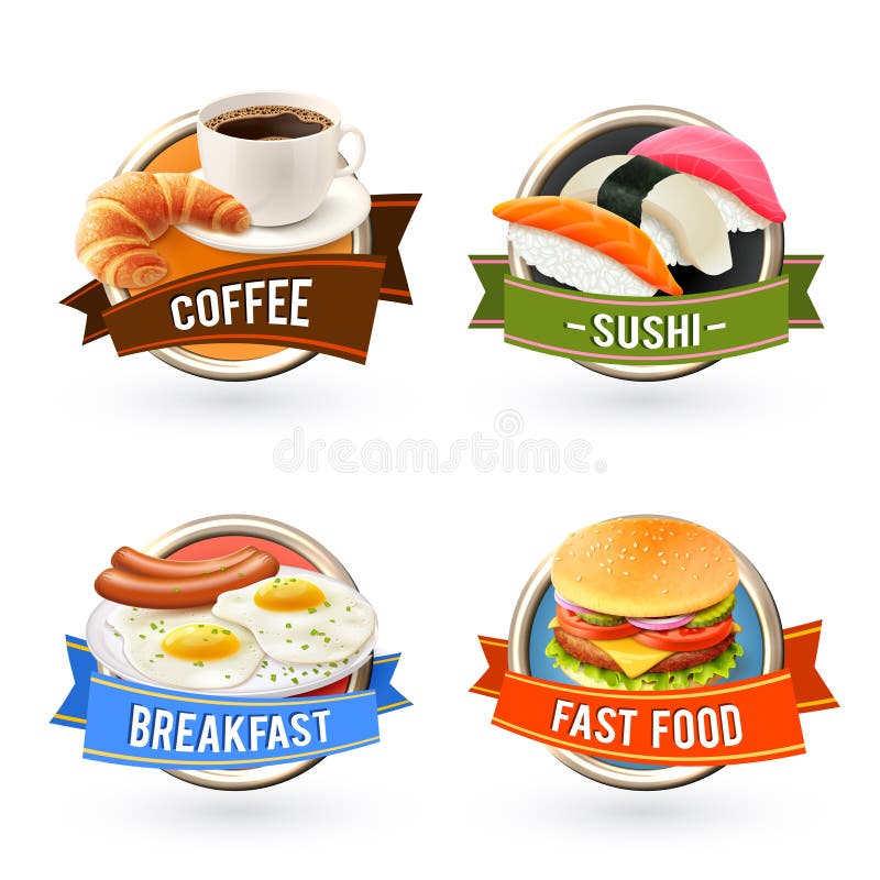 Breakfast labels set with coffee sushi fried egg fast food hamburger isolated vector illustration. Breakfast labels set with coffee sushi fried egg fast food hamburger isolated vector illustration